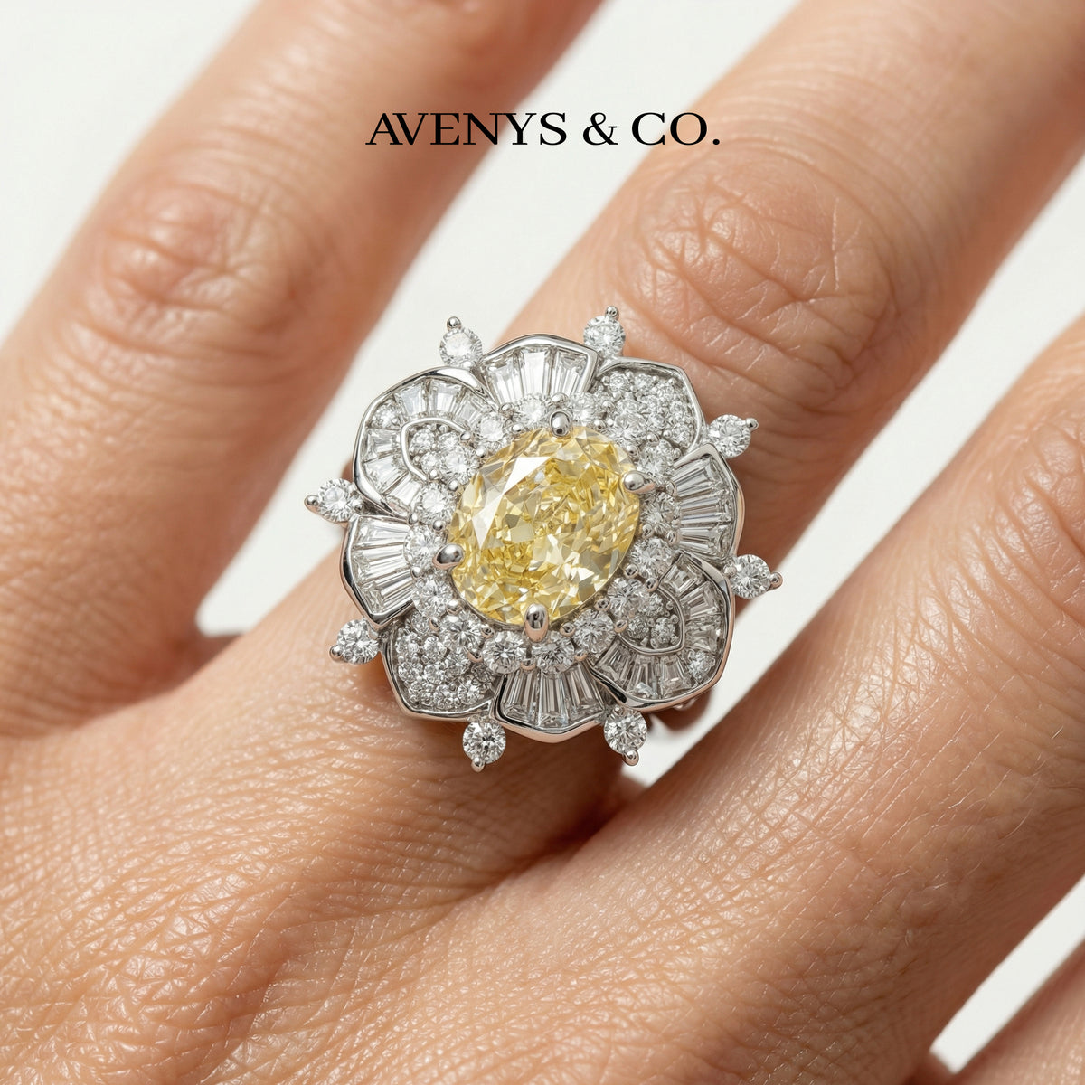 Bloom Burst Ring with Yellow Oval Stone – on White Gold