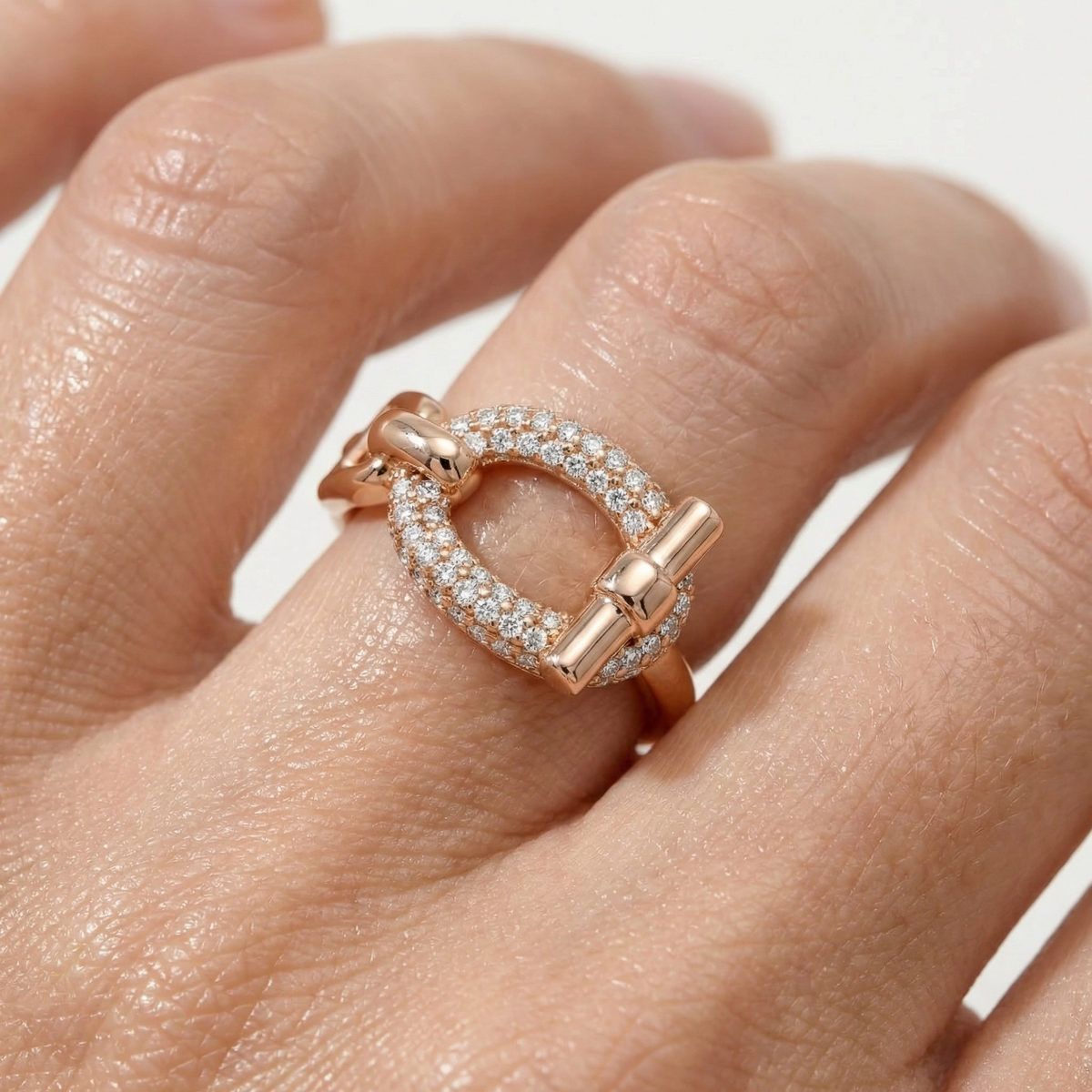 Buckle Pave Ring with White Round Stone – on Yellow Gold