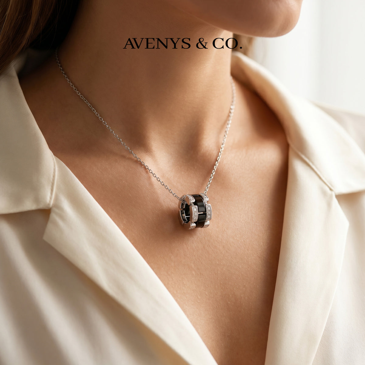 Connected Necklace with Black Round Stone – on White Gold
