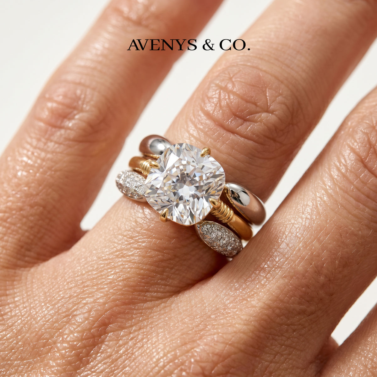 Triple Stacking Solitaire Ring with White Round Stone – on Yellow Gold