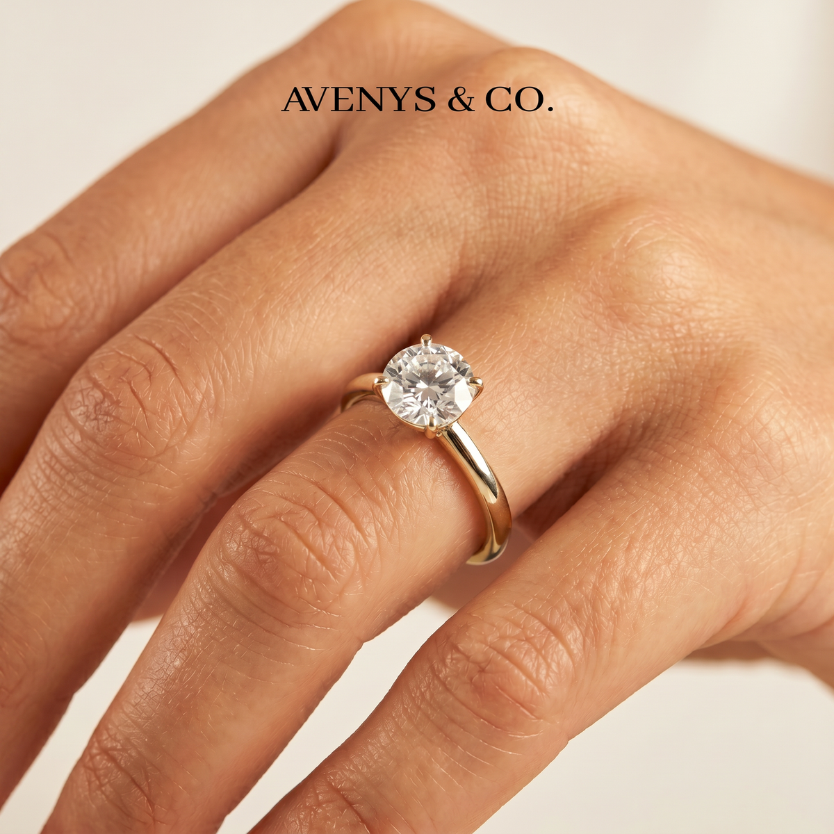 Round Solitaire Ring with White Round Stone – on Yellow Gold