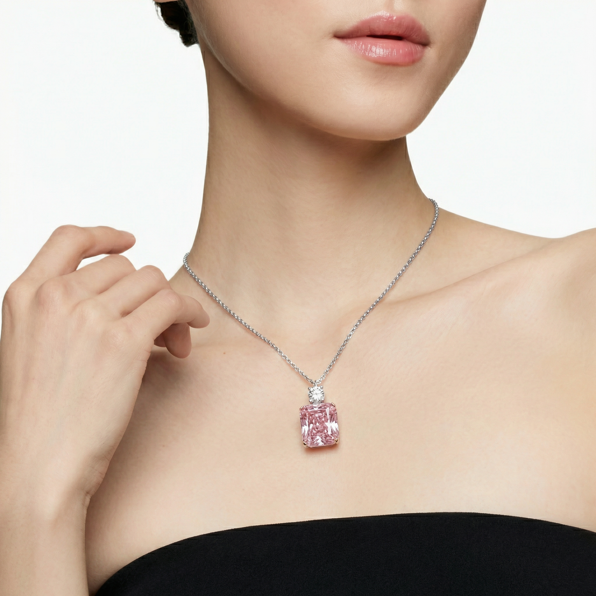 Radiant Pendant Necklace with Pink Radiant Stone – on White Gold