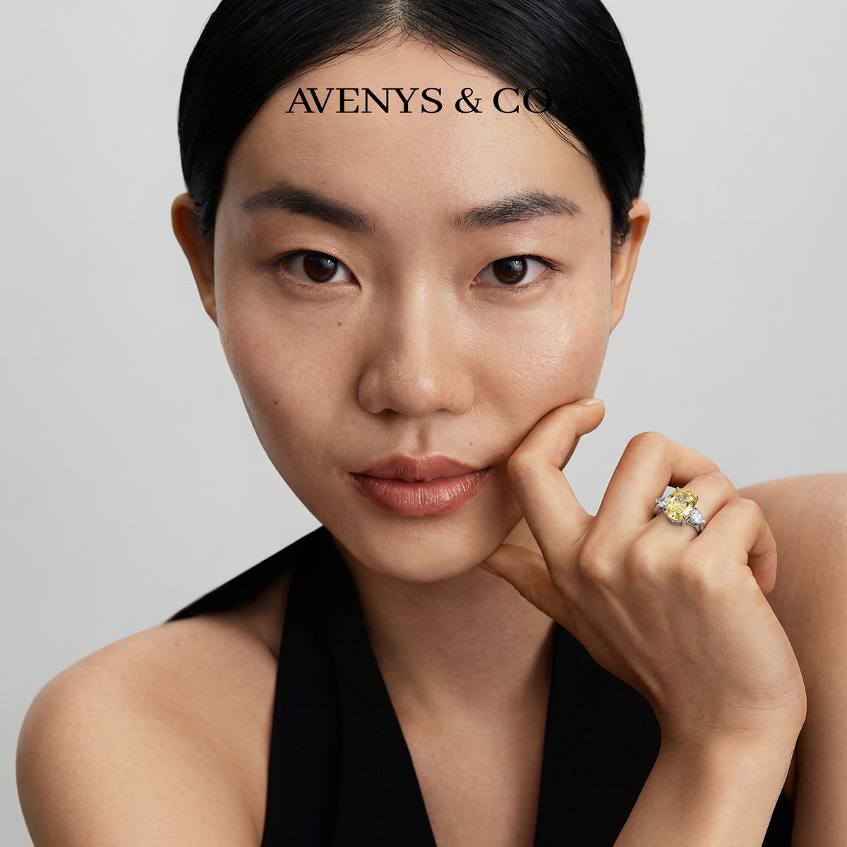 Queens Oval Ring with Yellow Oval Stone – on White Gold