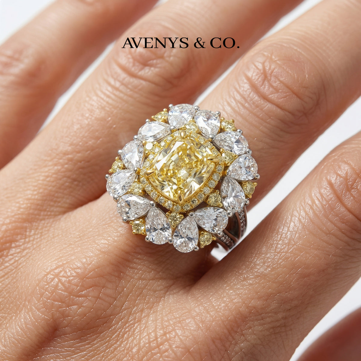 Royal Flower Halo Ring with Yellow Cushion Stone – on White Gold