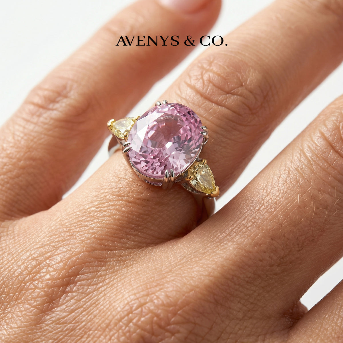 Queens Oval Ring with Pink Oval Stone – on White Gold