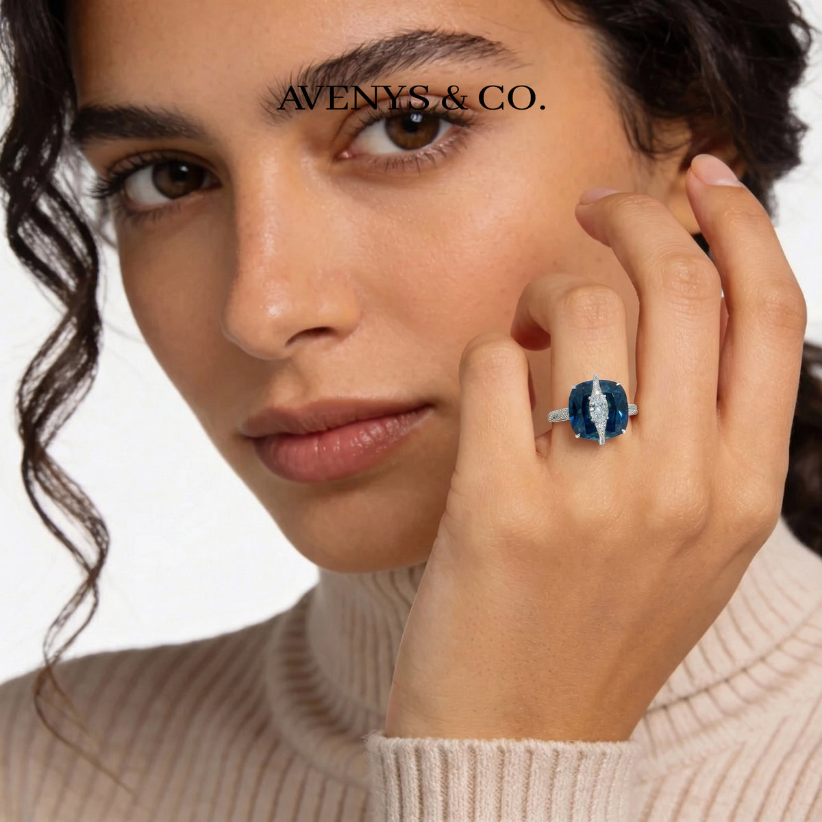 Embrace Pave Ring with Blue Cushion Stone – on White Gold