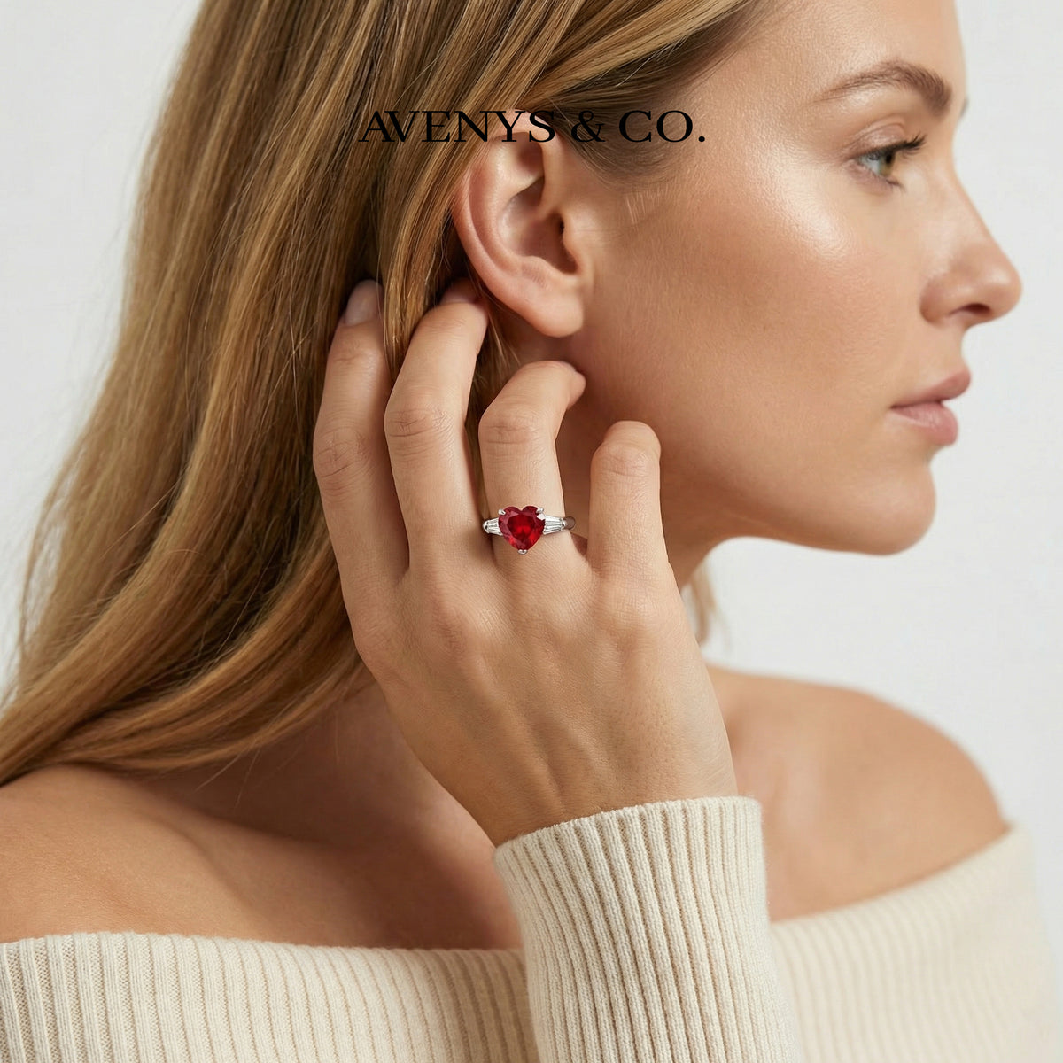 Love Heart Ring with Red Heart Stone – on White Gold