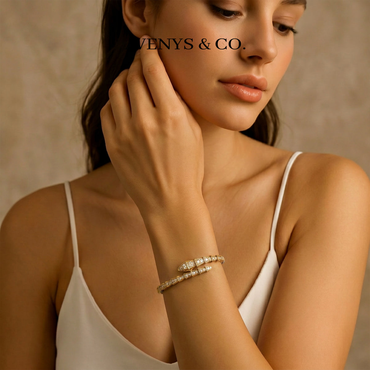 Coil Full Pave Bangle with White Round Stone – on Yellow Gold