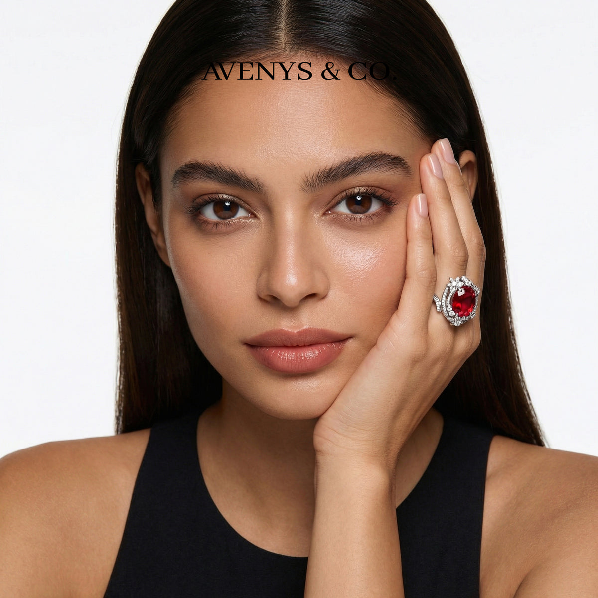 Starfall Pave Ring with Avenys Signature™ Oval Pigeon Blood Ruby – on White Gold