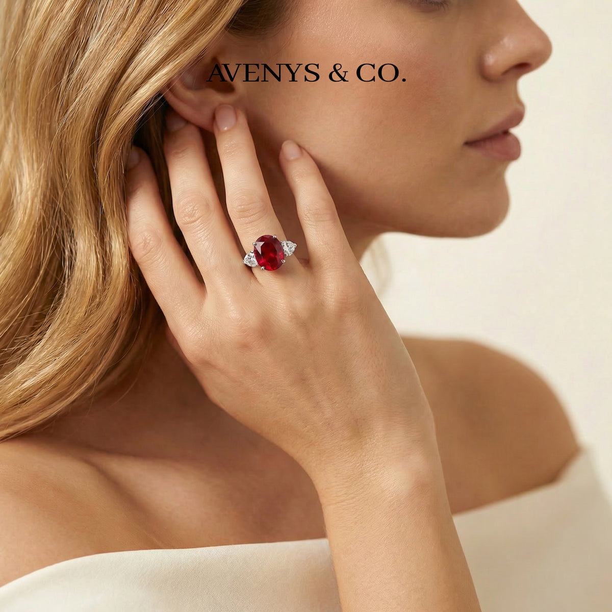 Oval Trilogy Pear Ring with Red Oval Stone – on White Gold