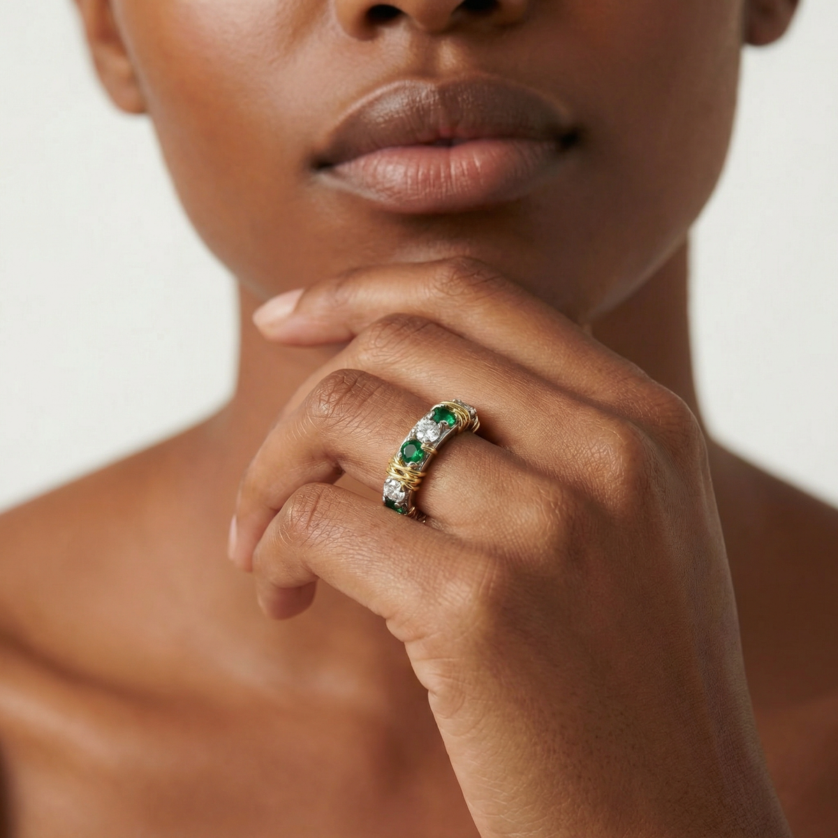 AV Signature Ring Womens with Green Round Stone – on White Gold