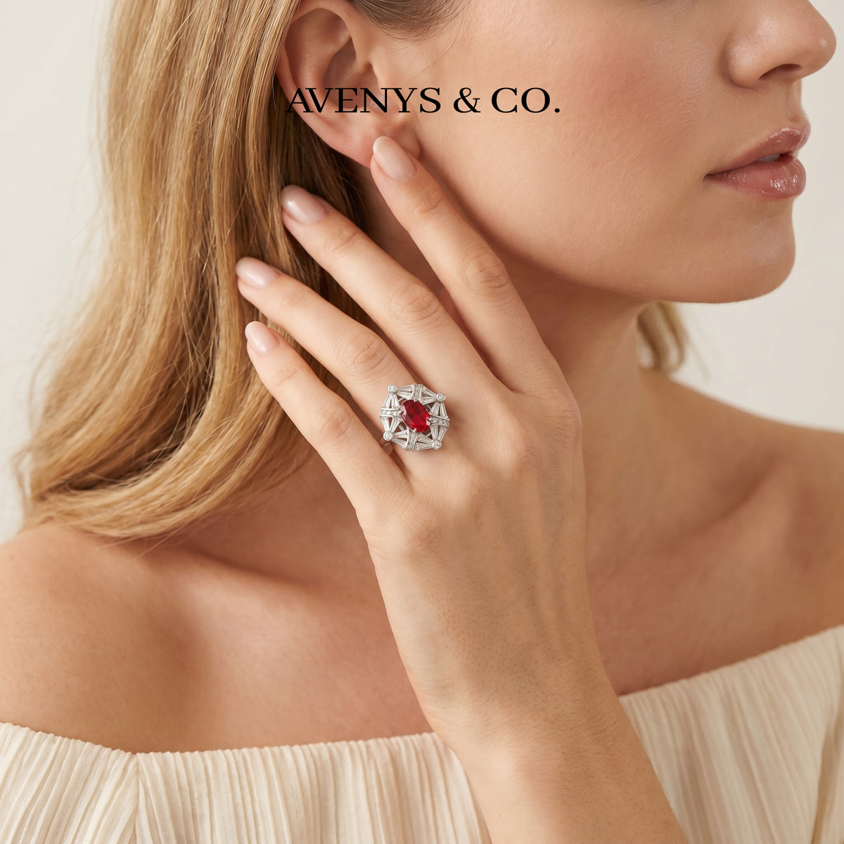 Astral Ring with Red Oval Stone – on White Gold