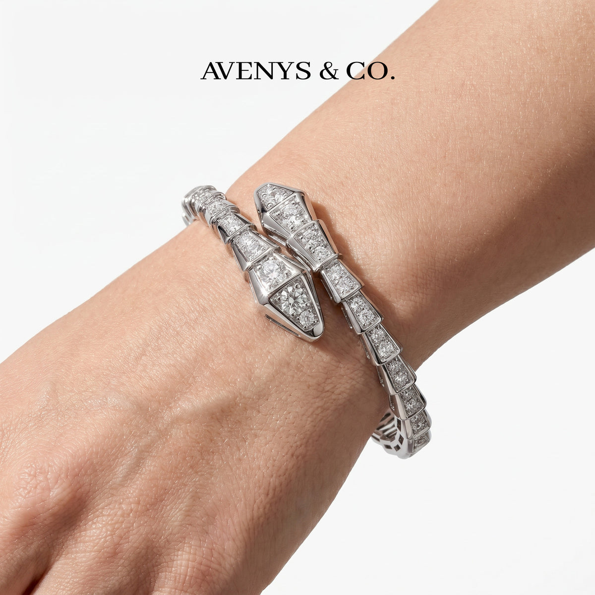 Coil Full Pave Bangle with White Round Stone – on White Gold