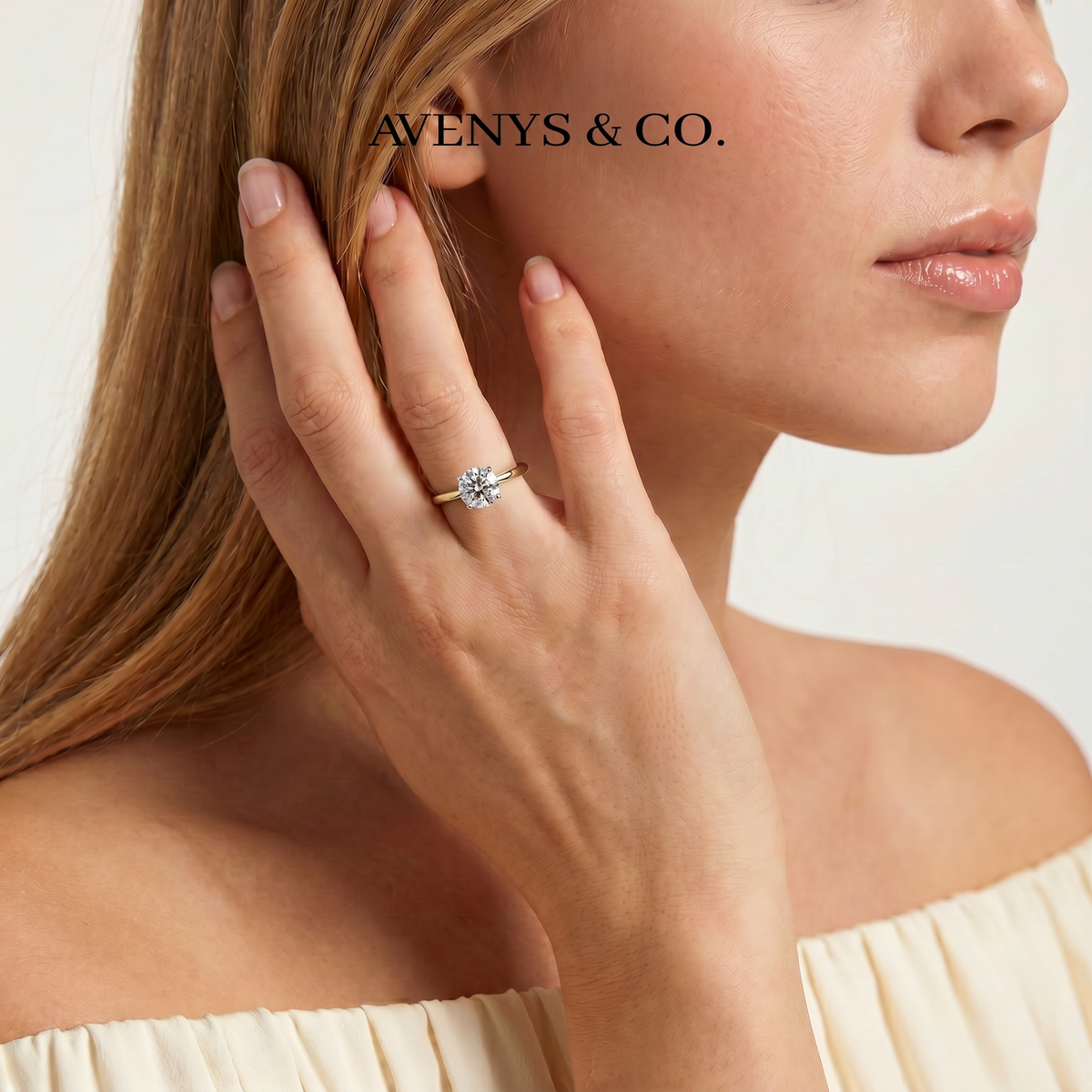 Round Solitaire Ring with White Round Stone – on Yellow Gold
