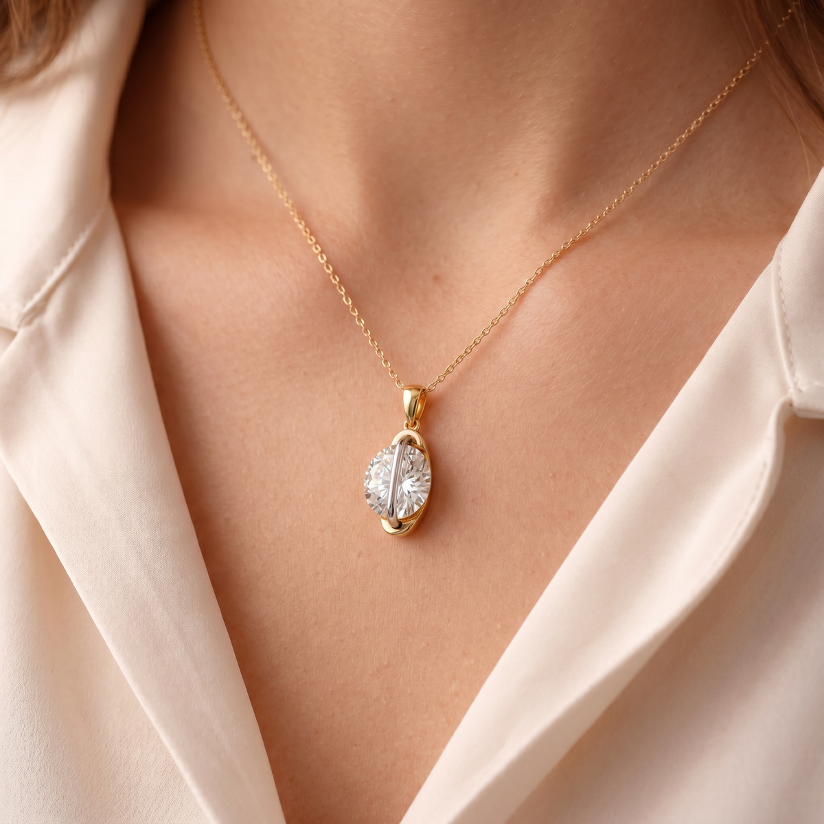 Dancing Diamonds 5ct Necklace with White Round Stone – on Yellow Gold