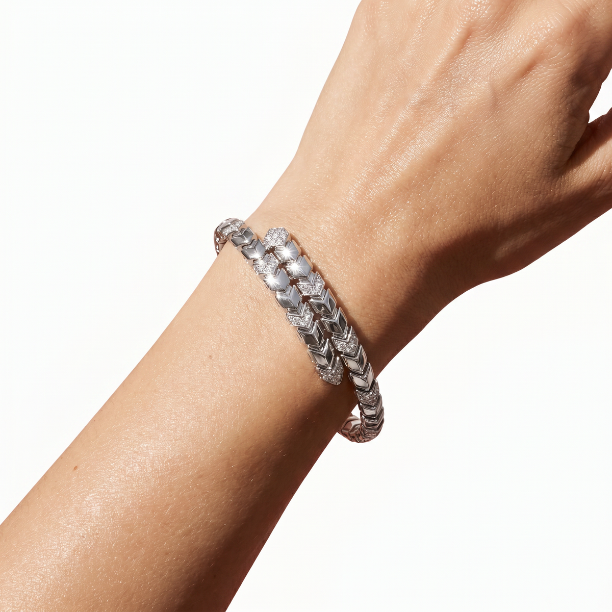 Chevron  Bangle with White Round Stone – on White Gold