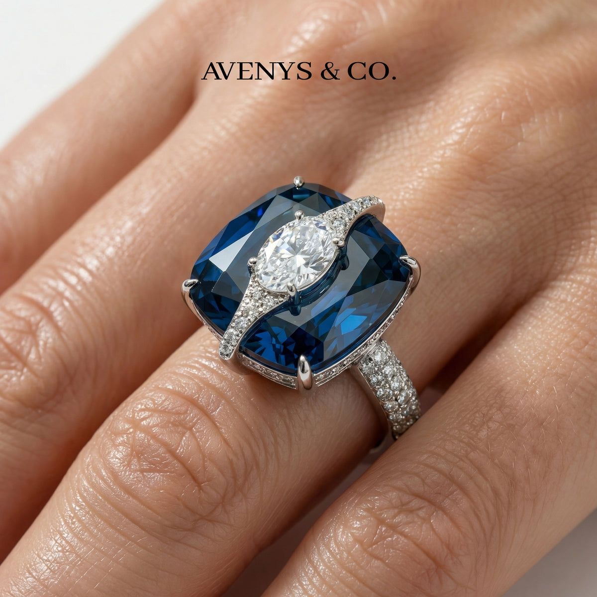 Embrace Pave Ring with Blue Cushion Stone – on White Gold