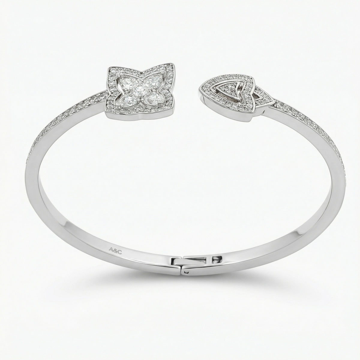 Lotus Bangle with White Round Stone – on White Gold