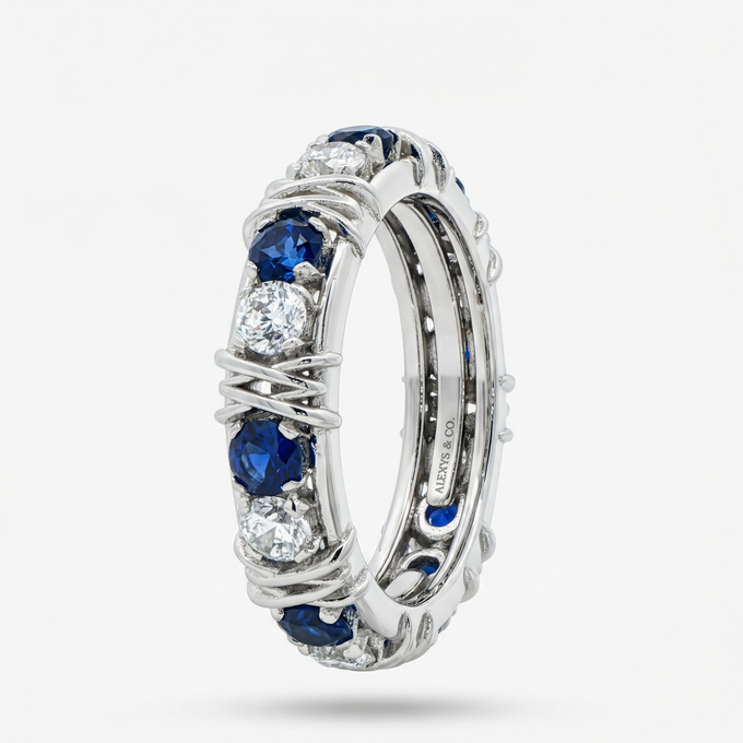 AV Signature Ring Mens with Blue Round Stone – on White Gold