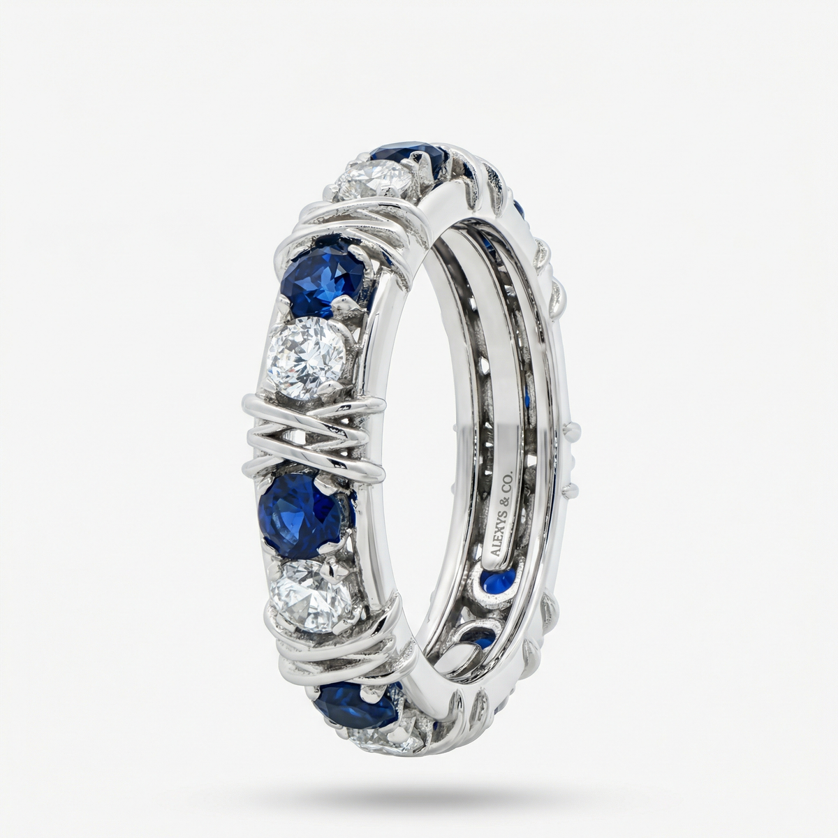 AV Signature Ring Mens with Blue Round Stone – on White Gold