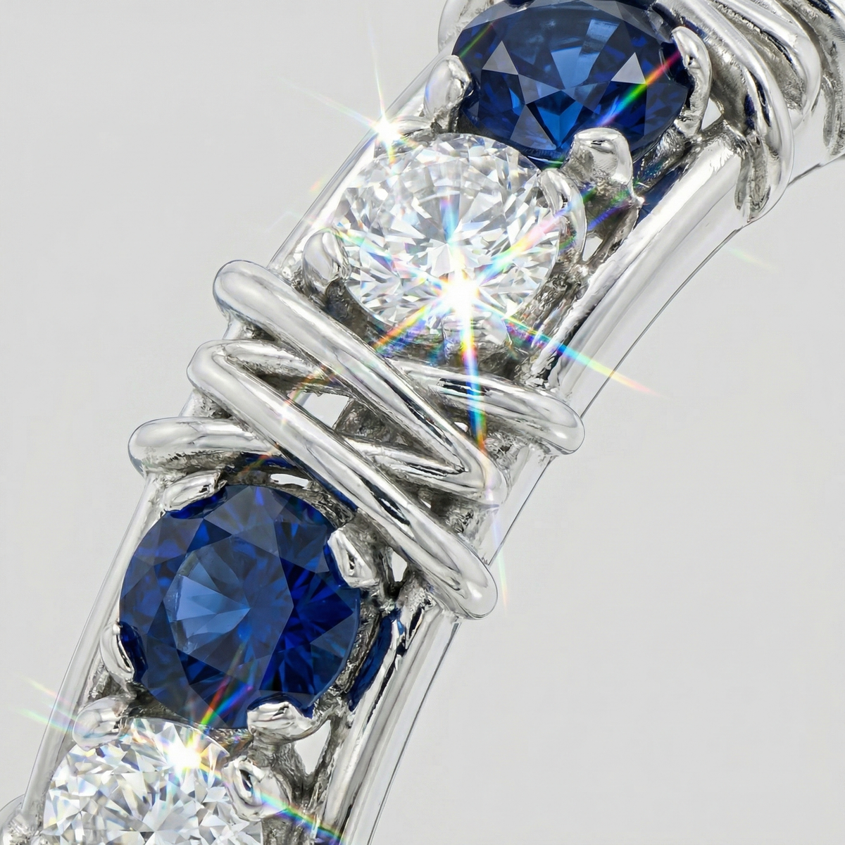 AV Signature Ring Mens with Blue Round Stone – on White Gold