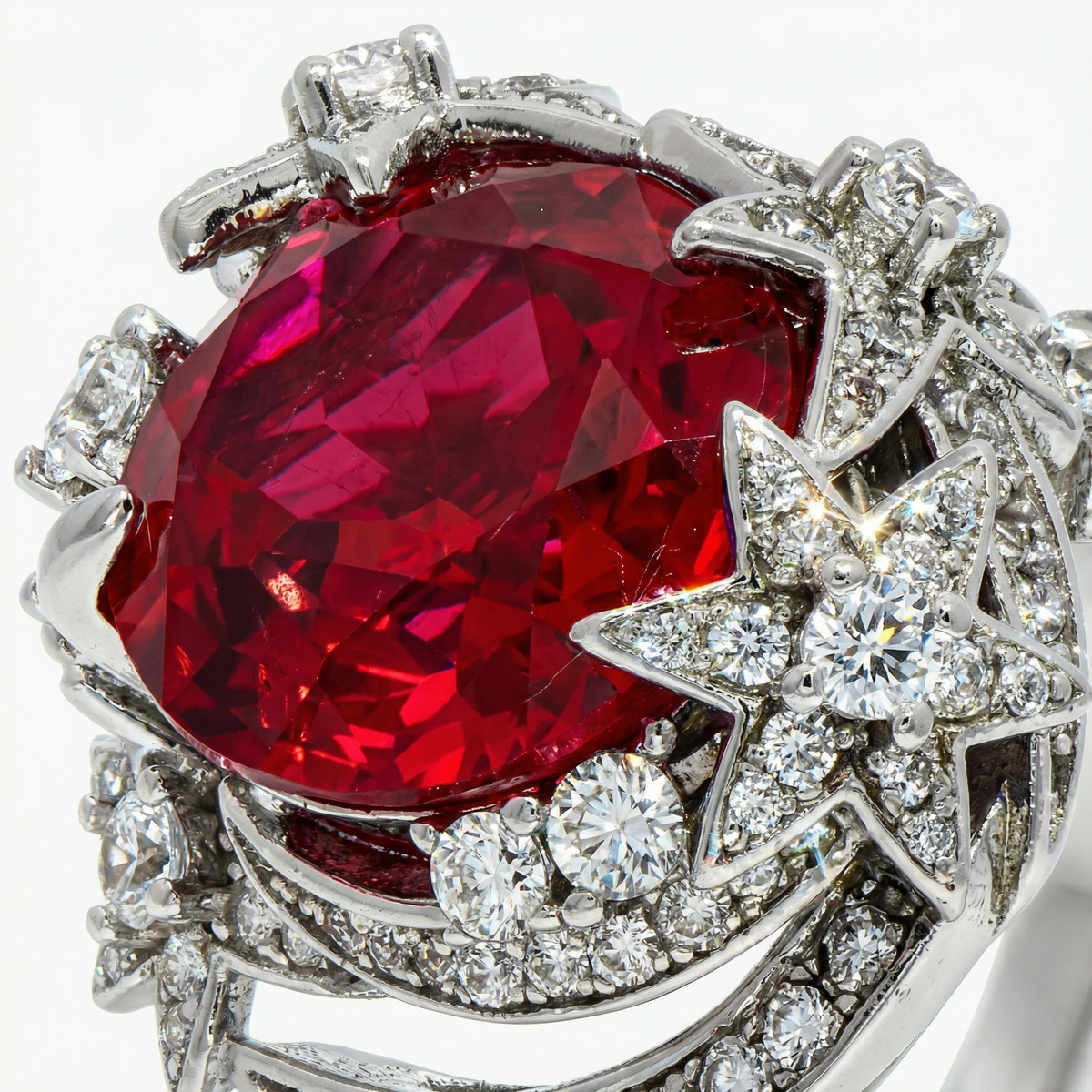 Starfall Pave Ring with Avenys Signature™ Oval Pigeon Blood Ruby – on White Gold