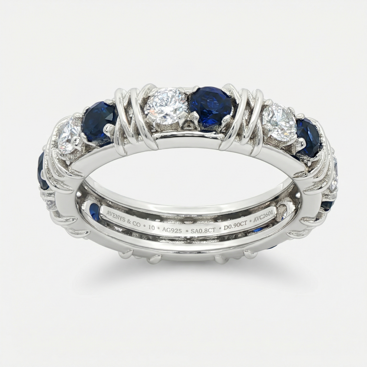 AV Signature Ring Mens with Blue Round Stone – on White Gold