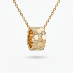 Honeycomb Necklace with White Round Stone – on Yellow Gold