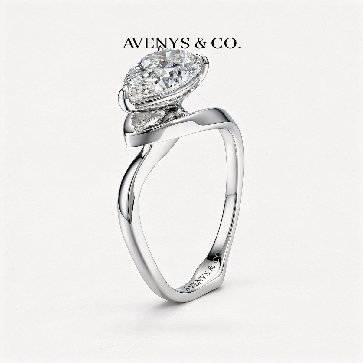 Aerial Pear Ring with White Pear Stone – on White Gold
