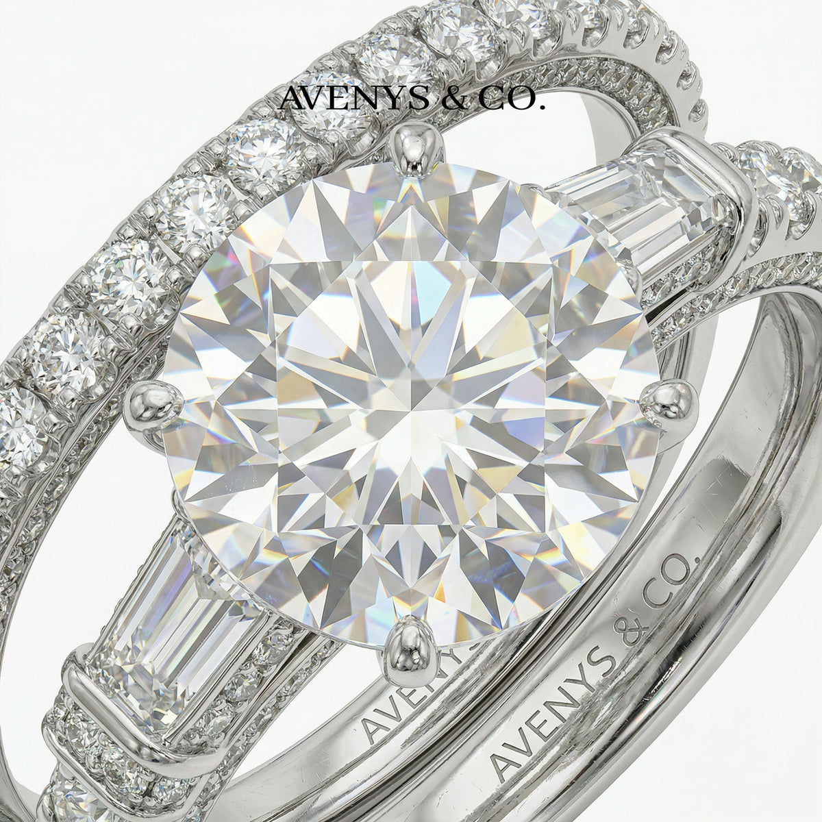 Trilogy Pave Solitaire Ring with Stacking Band with White Round Stone – on White Gold