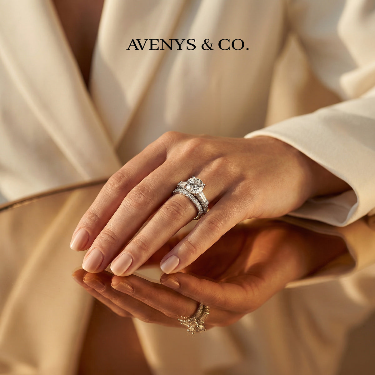 Trilogy Pave Solitaire Ring with Stacking Band with White Round Stone – on White Gold
