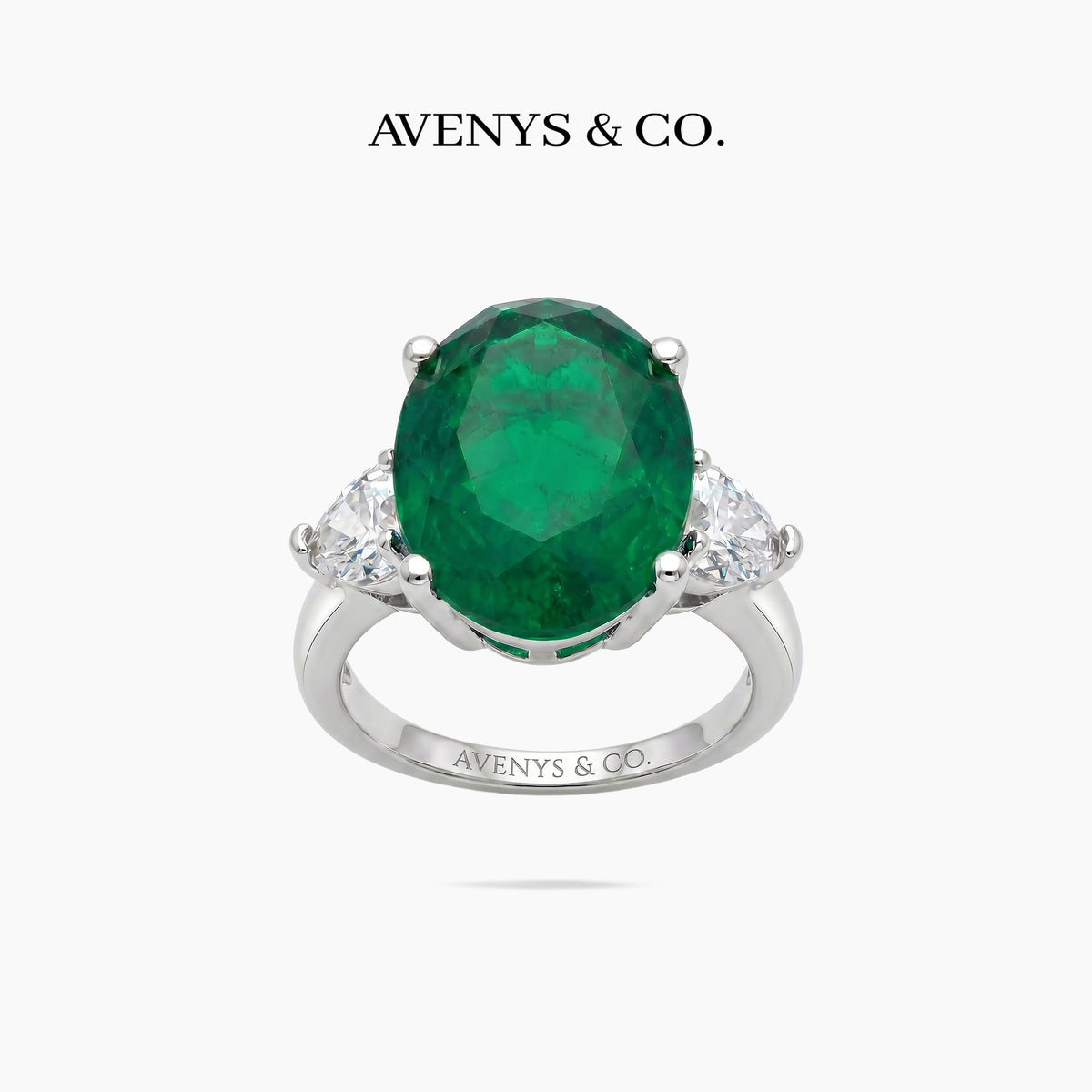 Oval Trilogy Pear Ring with Green Oval Stone – on White Gold