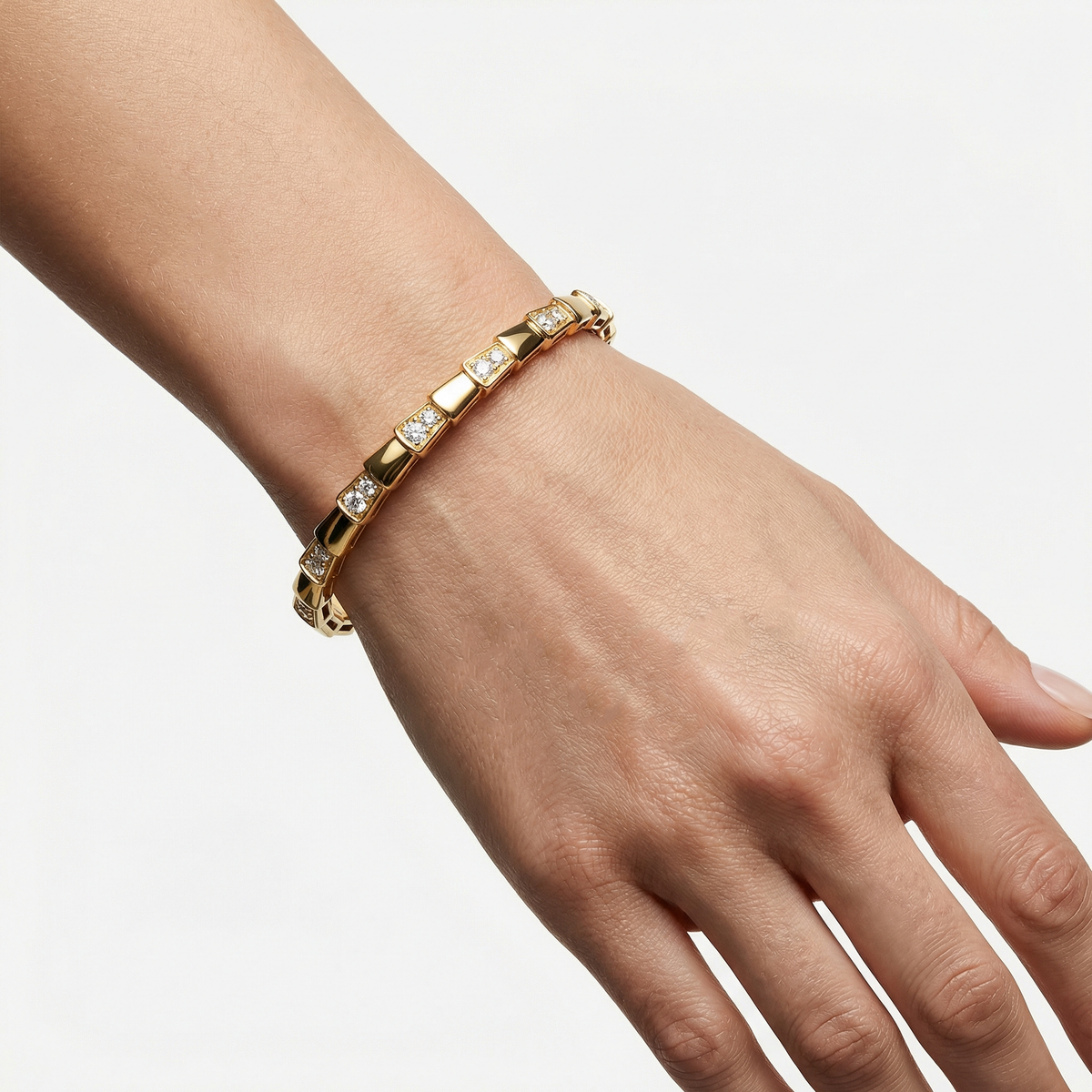 Coil Pave Bangle with White Round Stone – on Rose Gold