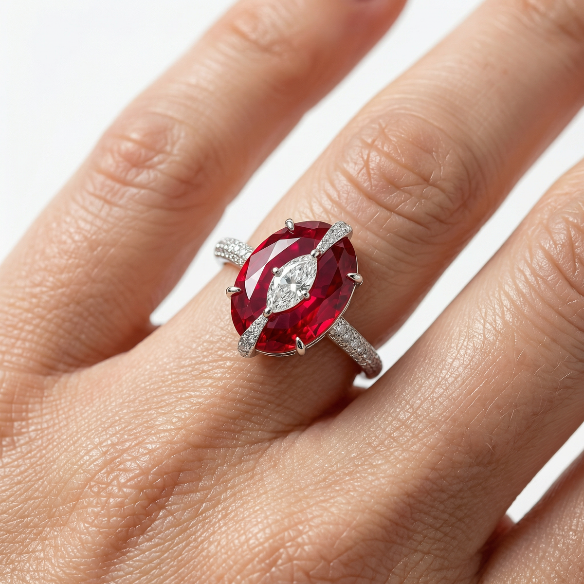 Embrace Queens Ring with Red Oval Stone – on White Gold
