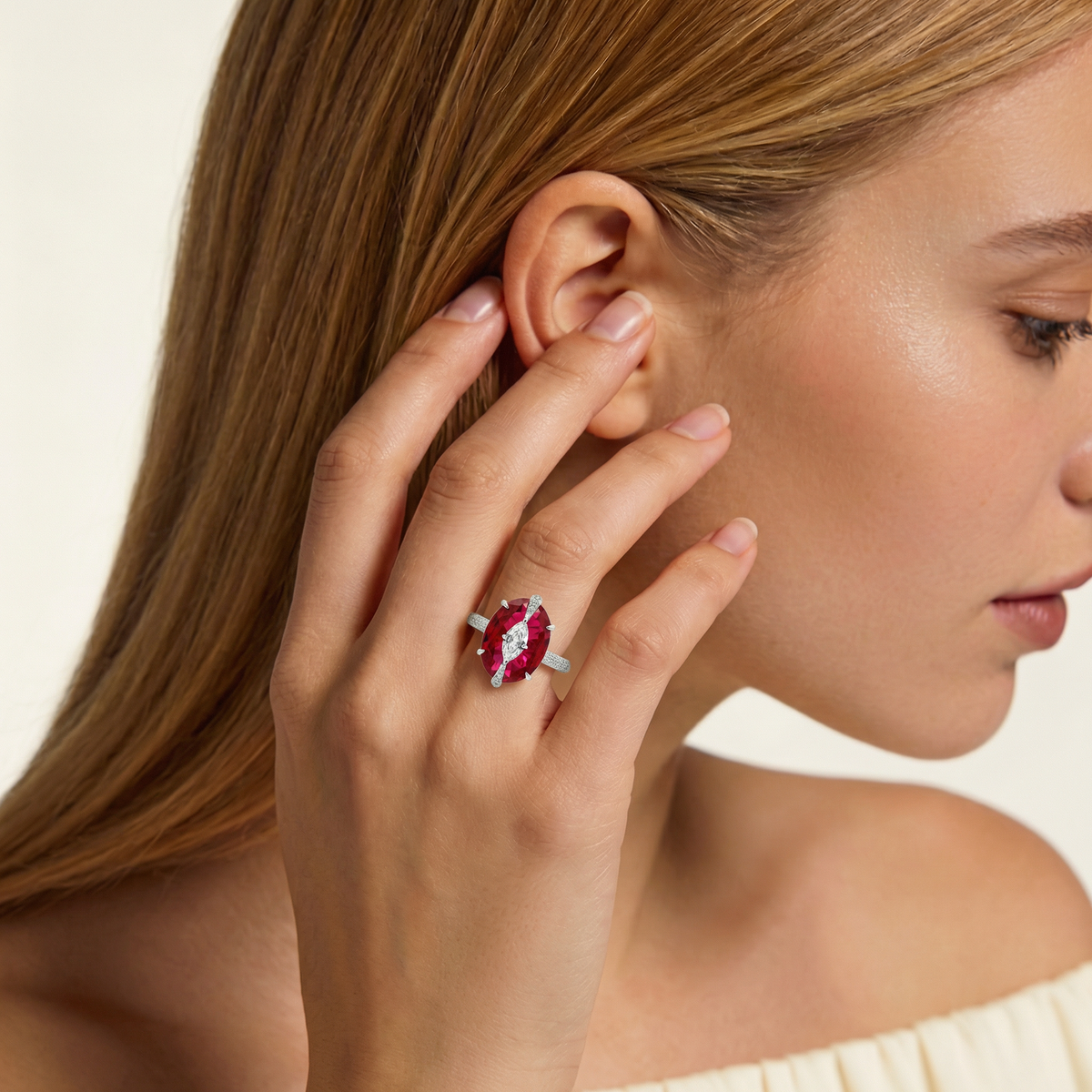 Embrace Queens Ring with Red Oval Stone – on White Gold