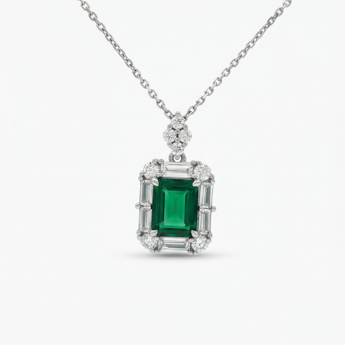 Eden Pendant Necklace with Green Emerald Stone – on White Gold