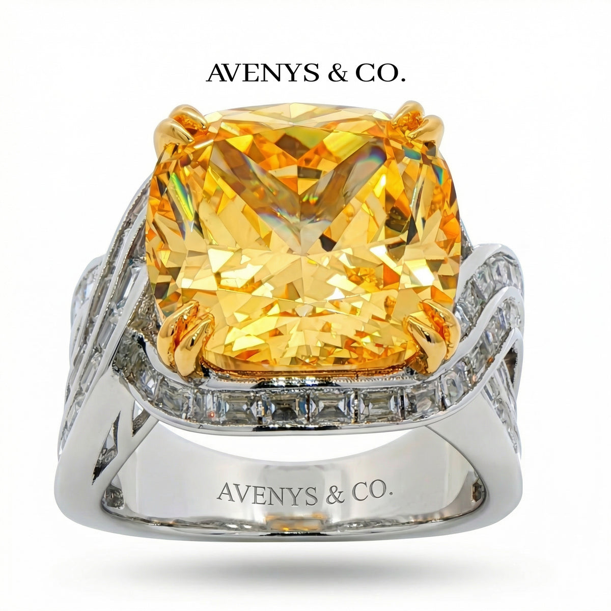 Citadel Pave Ring with Yellow Cushion Stone – on White Gold