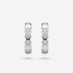 Honeycomb Earrings with White Round Stone – on White Gold