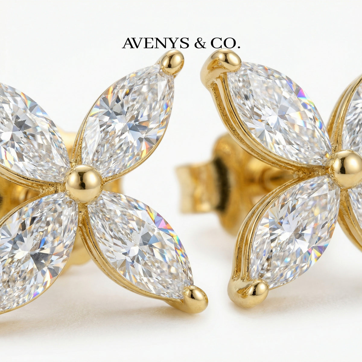 Star Earrings with White Marquise Stone – on Yellow Gold