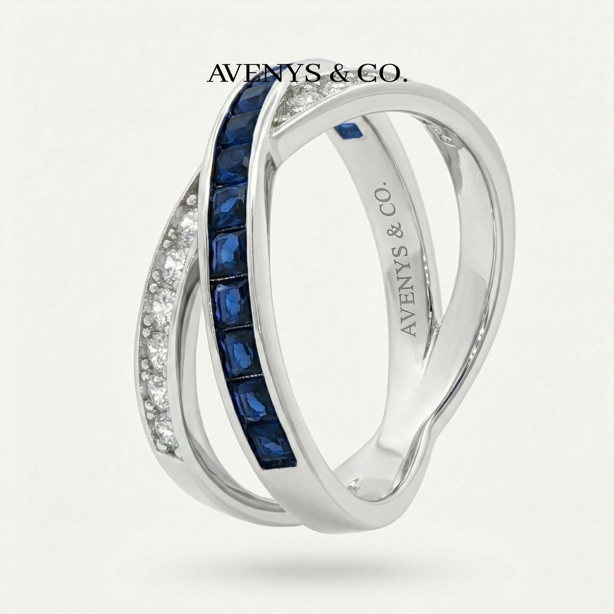 Interlink Ring with Blue Emerald Stone – on White Gold