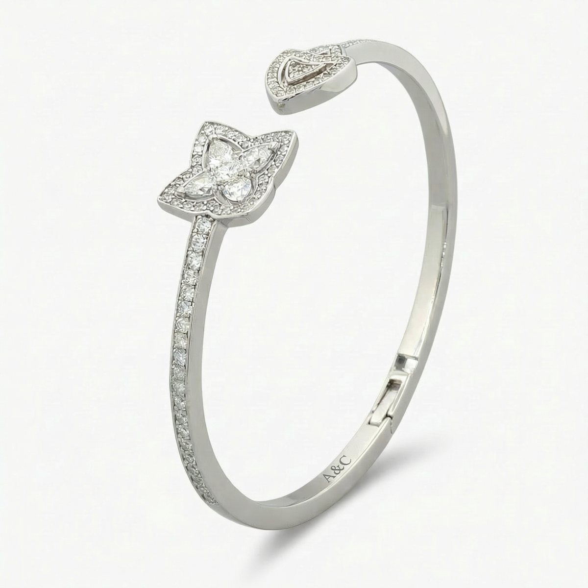 Lotus Bangle with White Round Stone – on White Gold