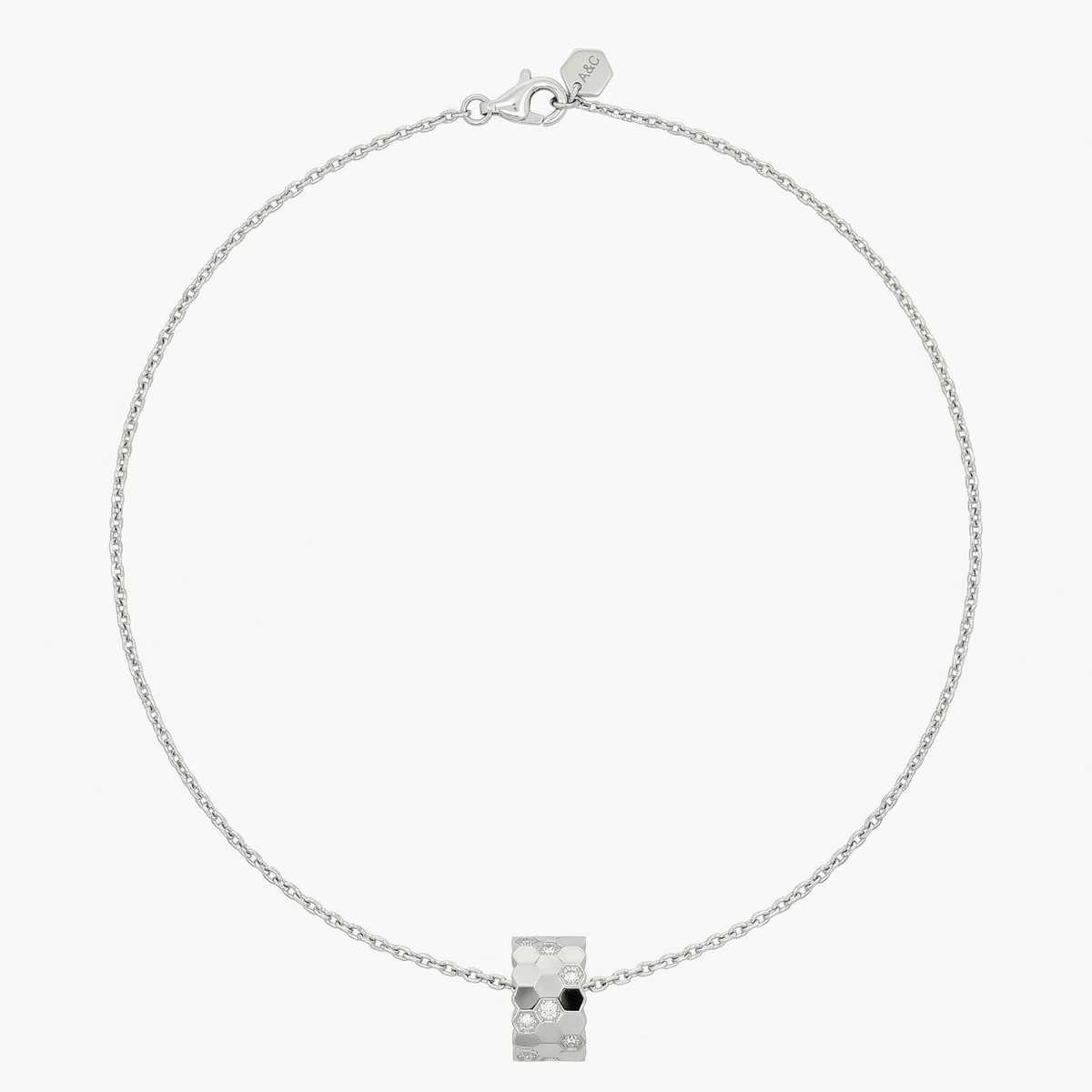 Honeycomb Necklace with White Round Stone – on White Gold