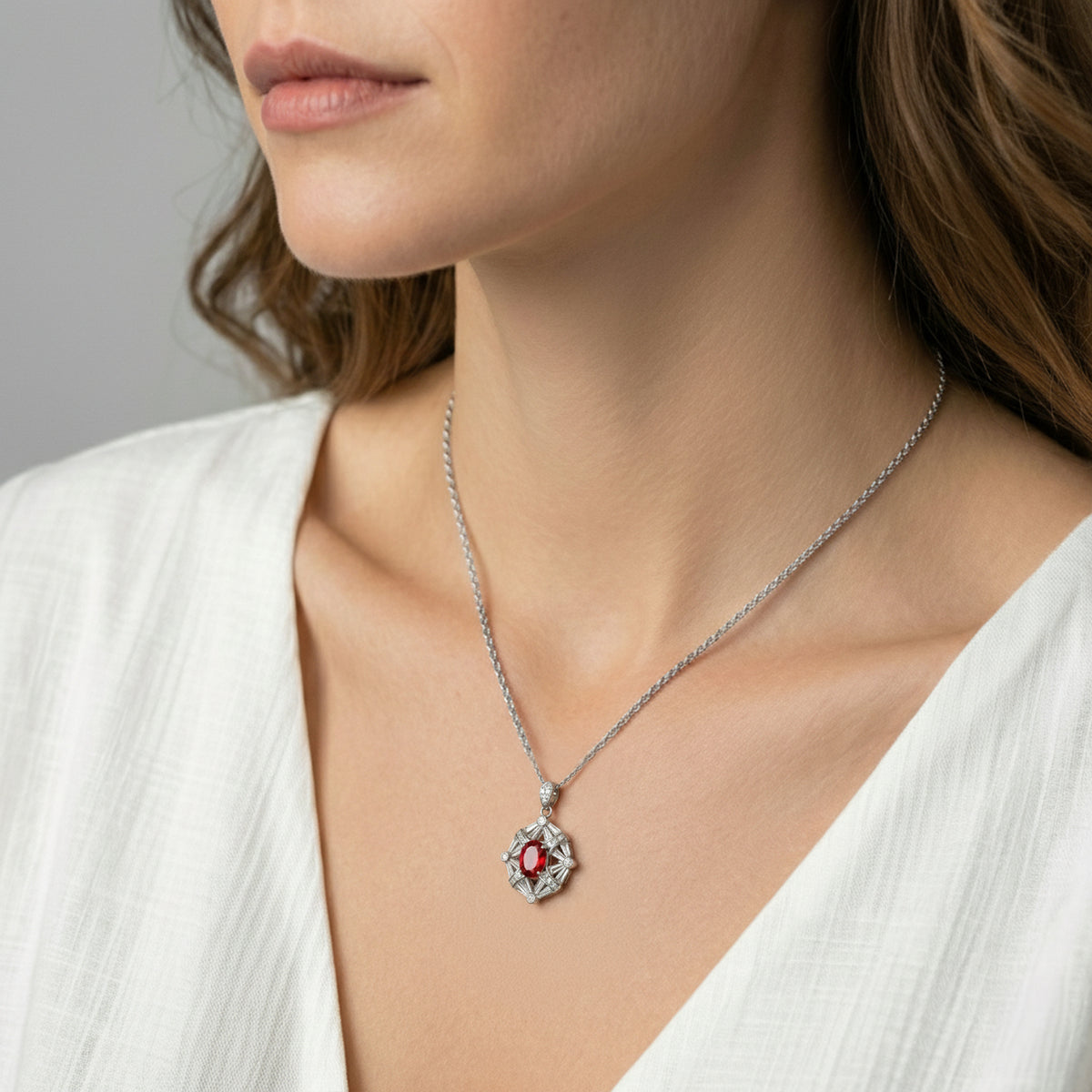 Astral Pendant Necklace with Red Oval Stone – on White Gold