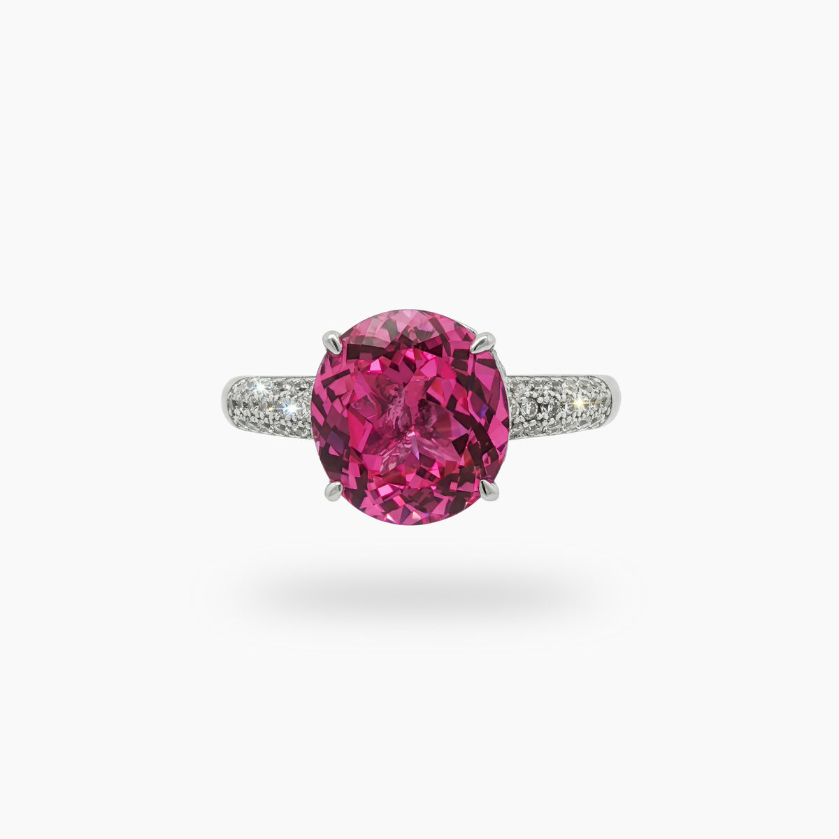 Oval Pave Ring with Pink Oval Stone – on White Gold