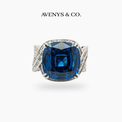Citadel Pave Ring with Blue Cushion Stone – on White Gold