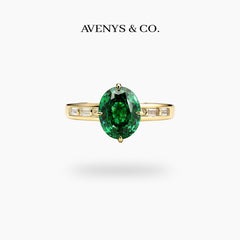 Oval Baguette Ring with Green Oval Stone – on Yellow Gold