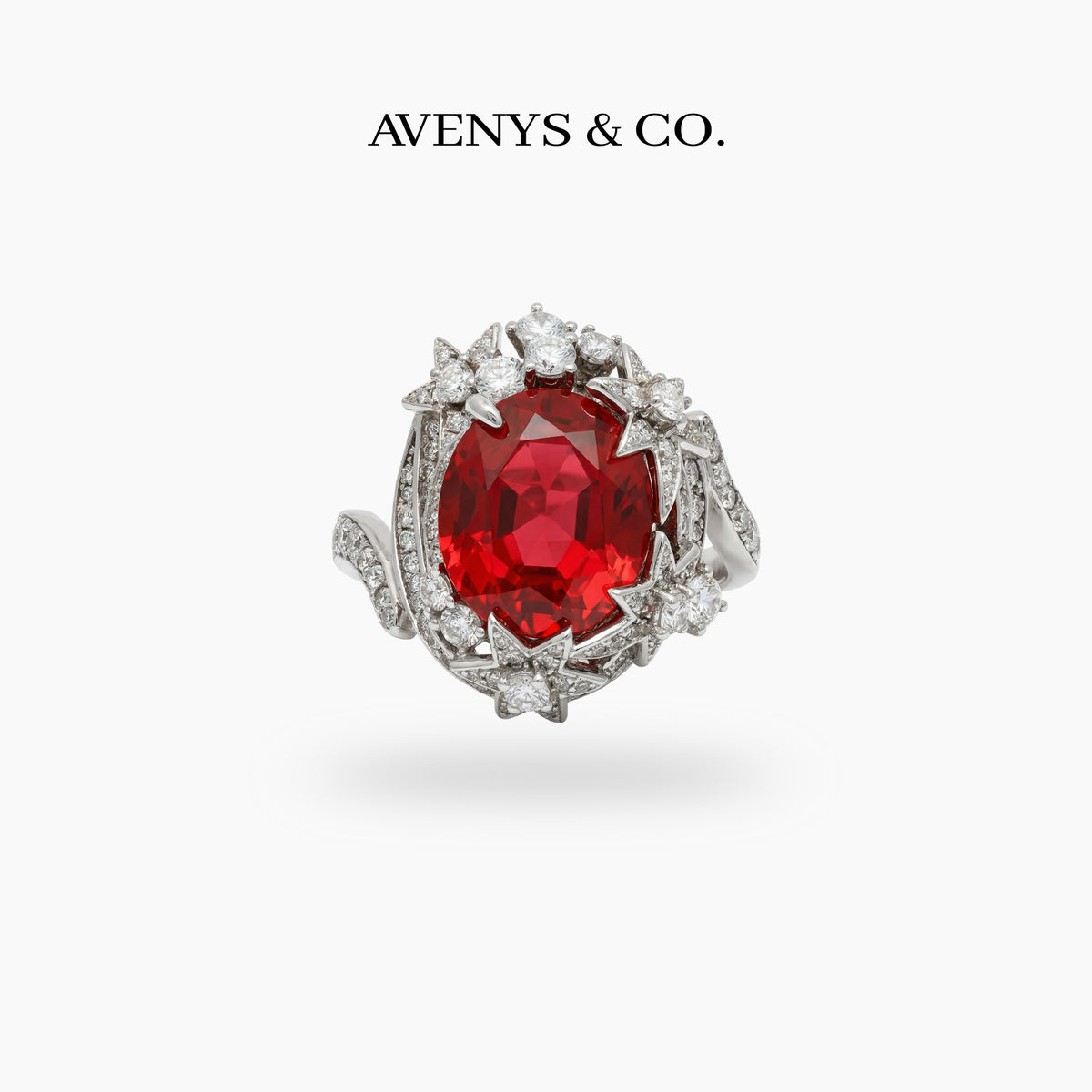 Starfall Pave Ring with Avenys Signature™ Oval Pigeon Blood Ruby – on White Gold