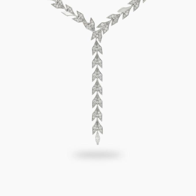 Leaf Necklace with White Round Stone – on White Gold