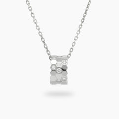 Honeycomb Necklace with White Round Stone – on White Gold