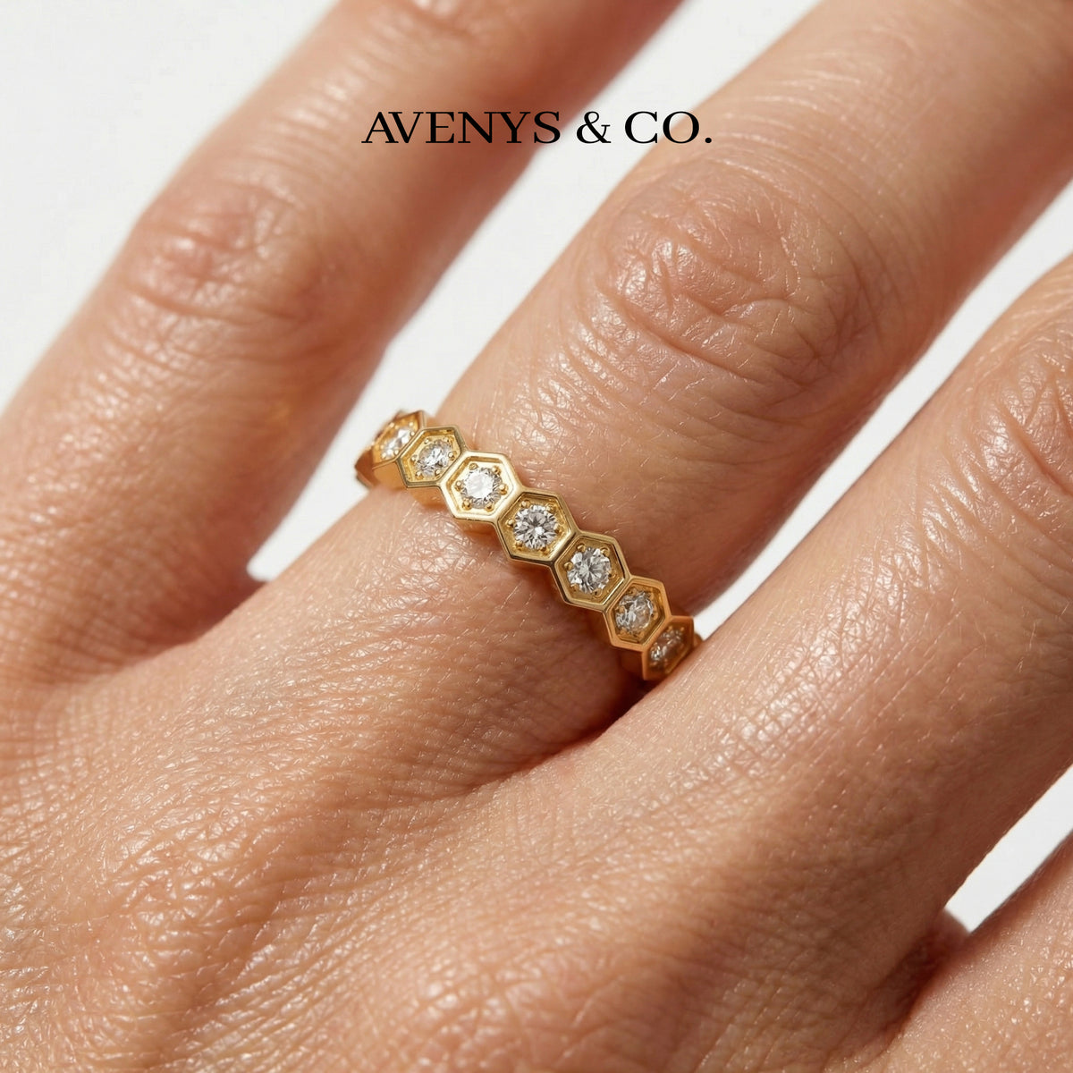 Honeycomb Ring Full with White Round Stone – on Yellow Gold